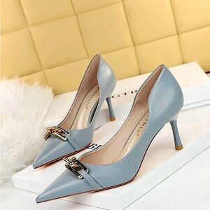 Women’s Bigtree Blue Heels Gold Buckle Detail 8.5 9 NIB NEW